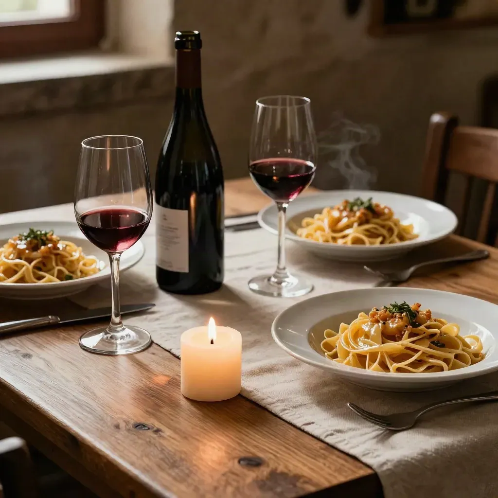 Tavolo intimo per due con pasta, vino locale e candela accesa.