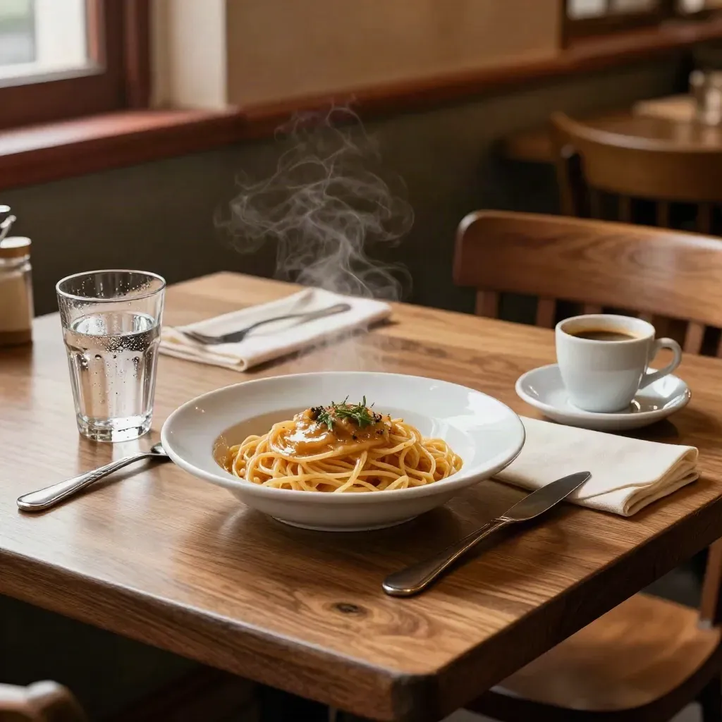 Tavolo da pranzo con primo fumante, bicchiere d’acqua e tazzina di espresso in luce calda.