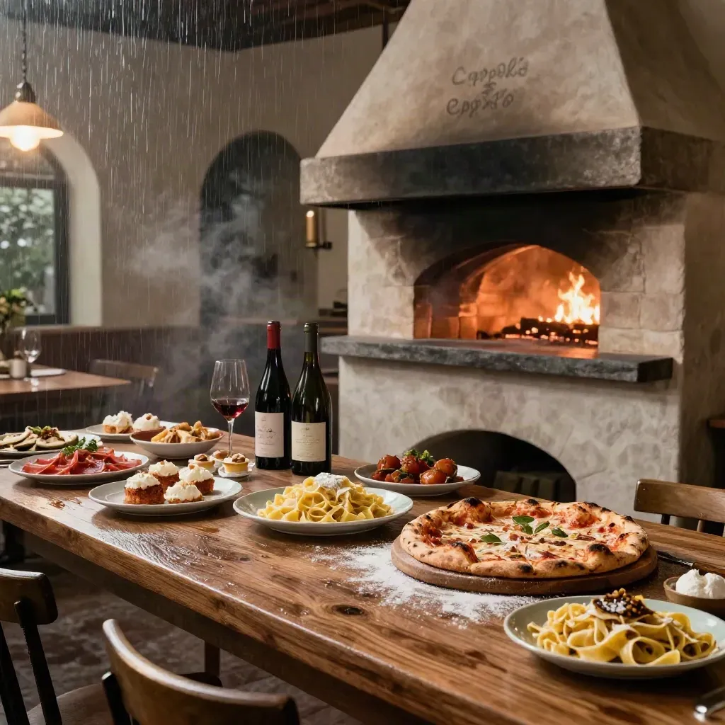 Interno di trattoria con forno a legna, antipasti, pasta fresca, pizza, vini e dolci in luce cinematografica.