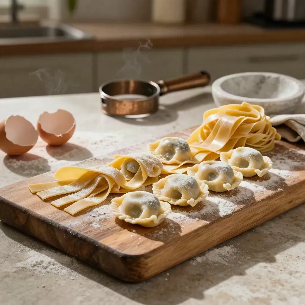 Tagliatelle, ravioli e gnocchi su tavola di legno con farina, uova e tagliapasta in luce calda.