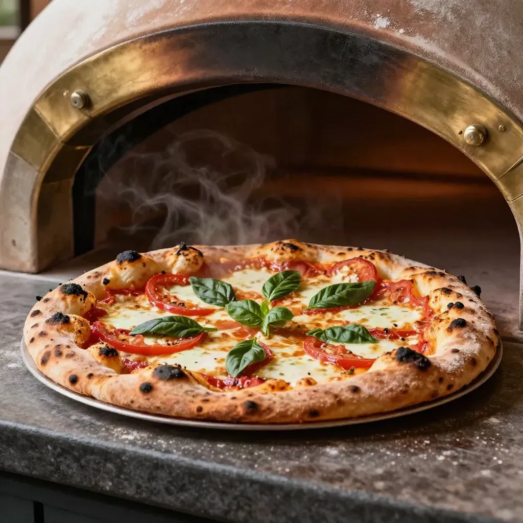 Pizza artigianale appena uscita dal forno, con basilico, pomodoro lucido e bordo bruciato.