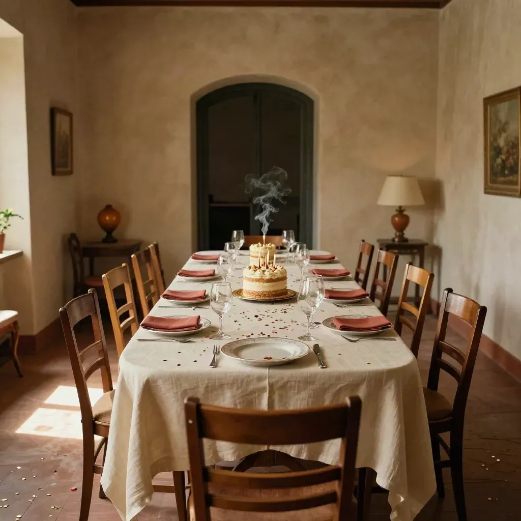 Sala privata pronta per un compleanno, tavolo lungo apparecchiato con torta, candele e confetti.