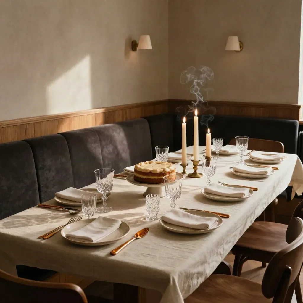 Sala privata apparecchiata con torta fatta in casa e candele per una festa intima.