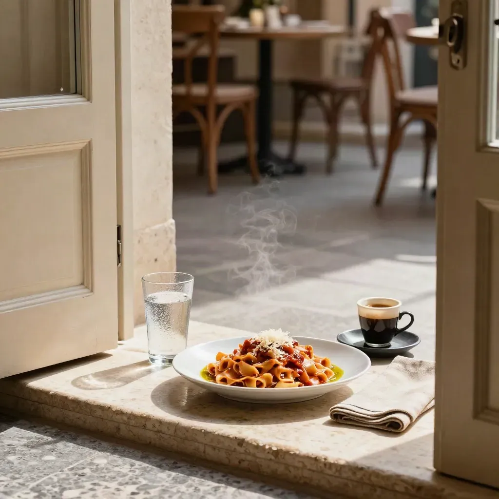 Primo piatto, bicchiere d’acqua ed espresso vicino all’ingresso di una trattoria