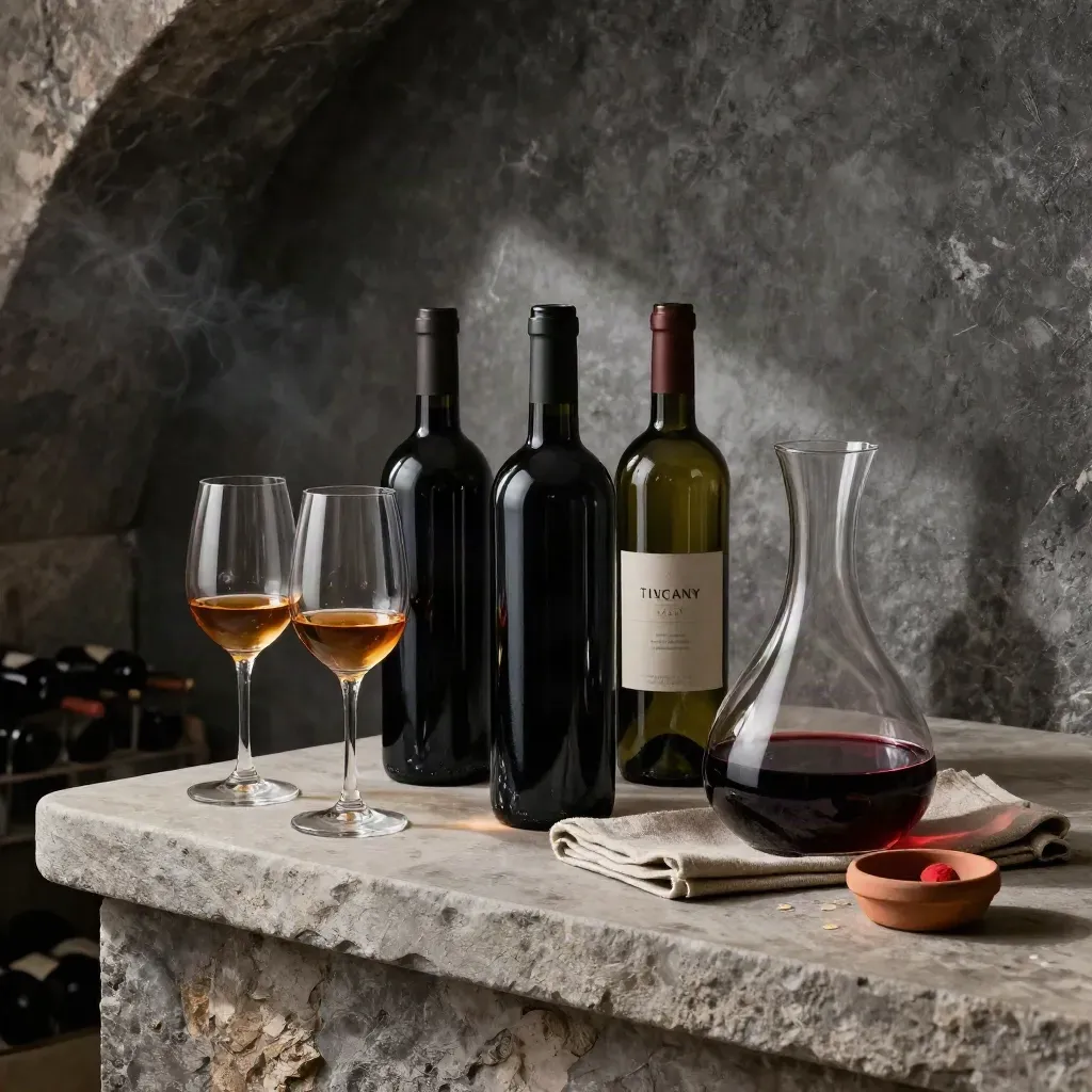 Tre bottiglie di vino regionale con due calici e decanter su una mensola di servizio