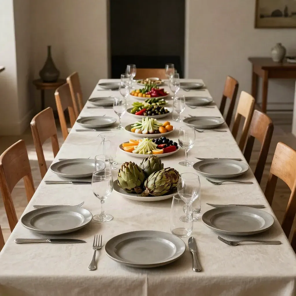 Tavola lunga apparecchiata con antipasti, caraffe d’acqua e mise en place ordinata in un ristorante italiano.