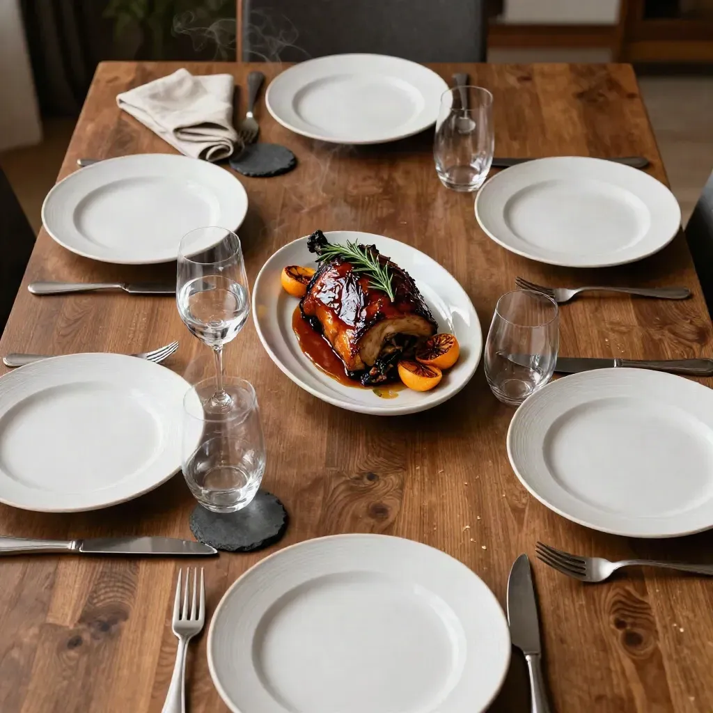 Tavola privata dall’alto con arrosto centrale, piatti bianchi e caraffe d’acqua.
