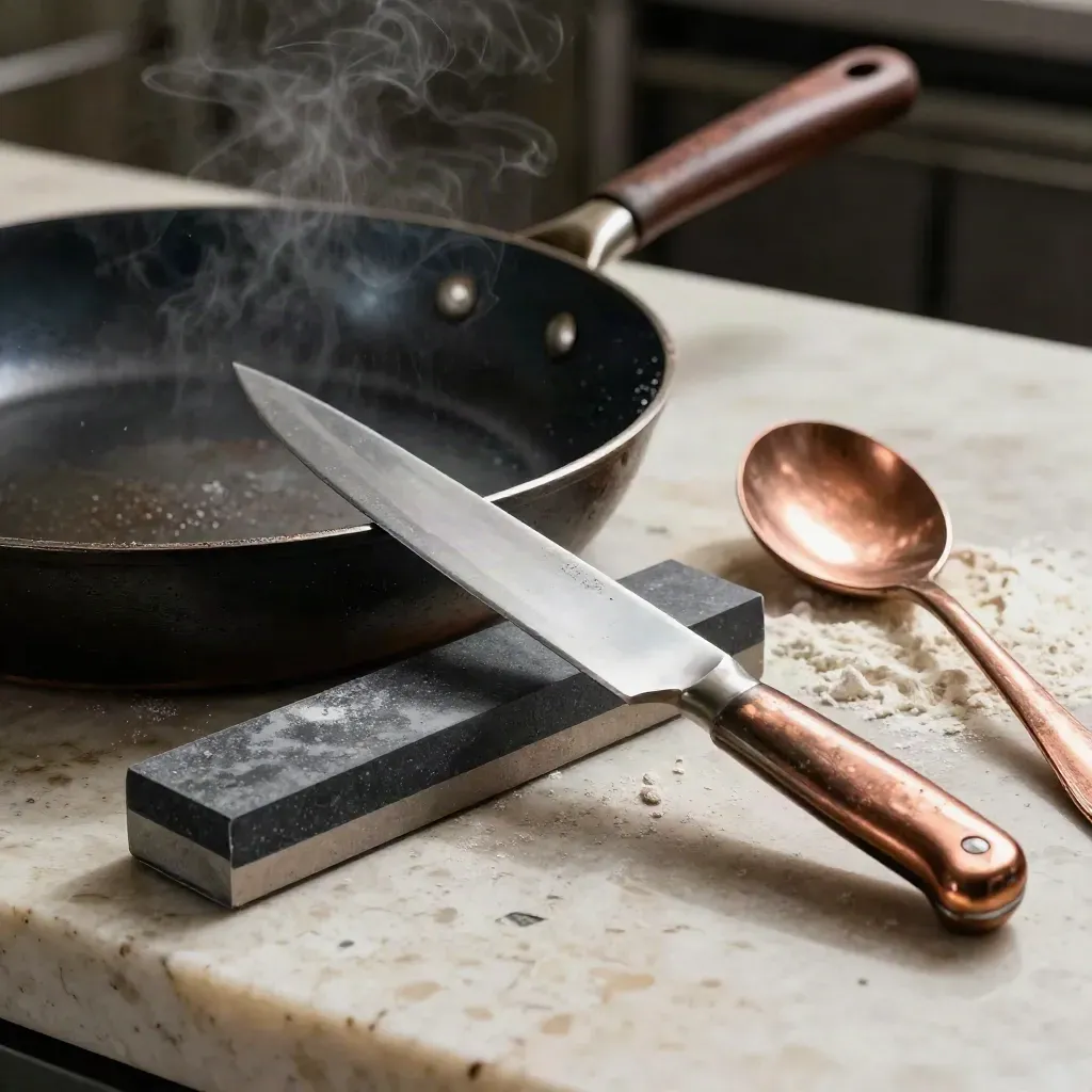 Padella in acciaio, coltello, pietra per affilare e cucchiaio di rame su banco segnato di farina.
