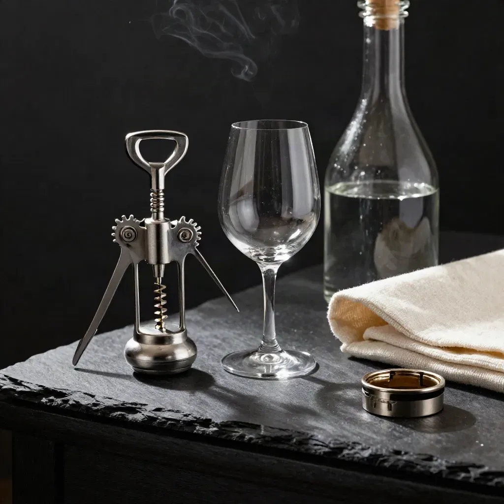 Cavatappi, calice e decanter su ardesia scura, luce radente da cantina.