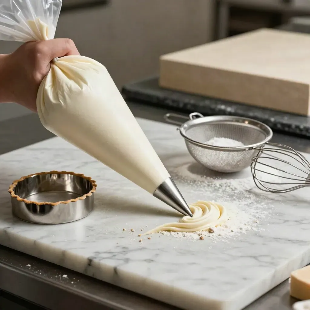 Utensili da pasticceria su marmo infarinato, con sac à poche e anello per crostate.
