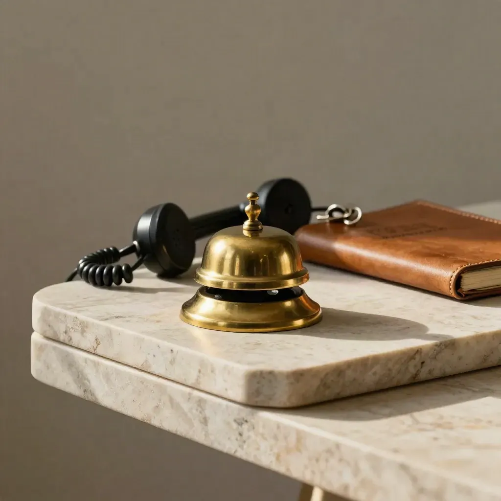 Campanello in ottone, cornetta telefonica e registro prenotazioni su mensola in pietra.