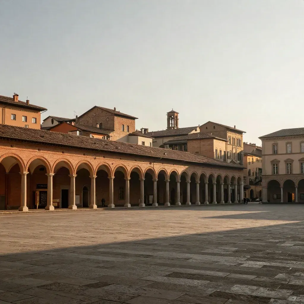 Portici di Bologna al tramonto con skyline in laterizio e piazza quieta
