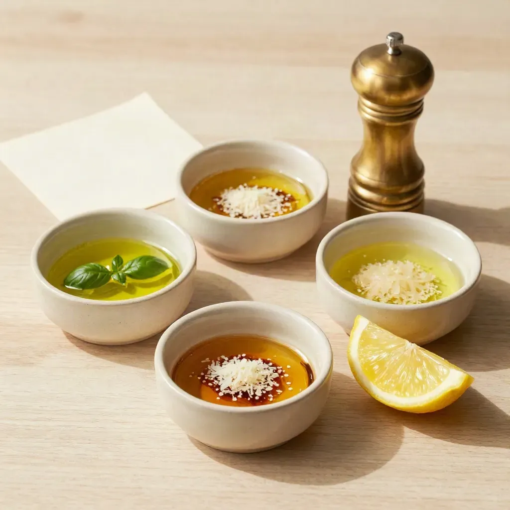 Tre ciotoline di degustazione con oli e parmigiano, pepe e limone su legno chiaro.
