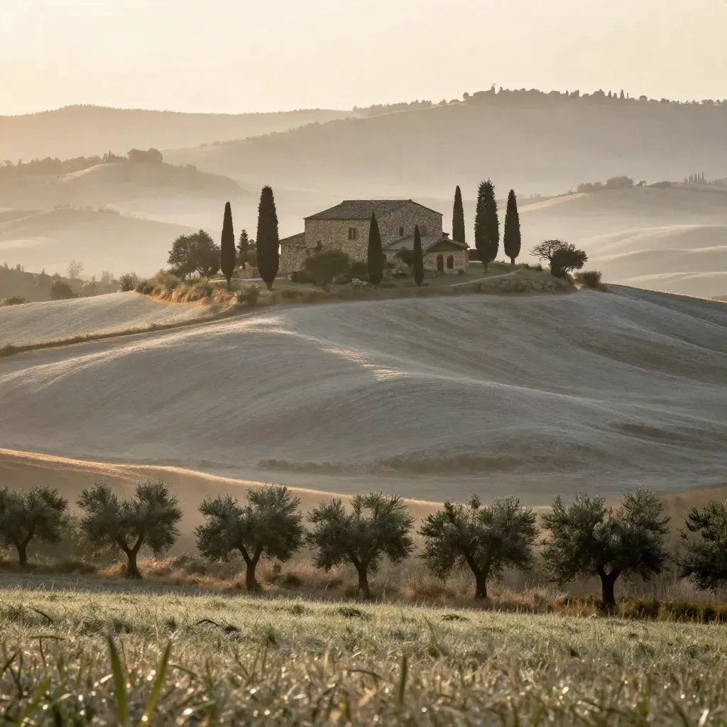 Colline della Val d’Orcia all’alba con cipressi e casale in pietra nella nebbia.
