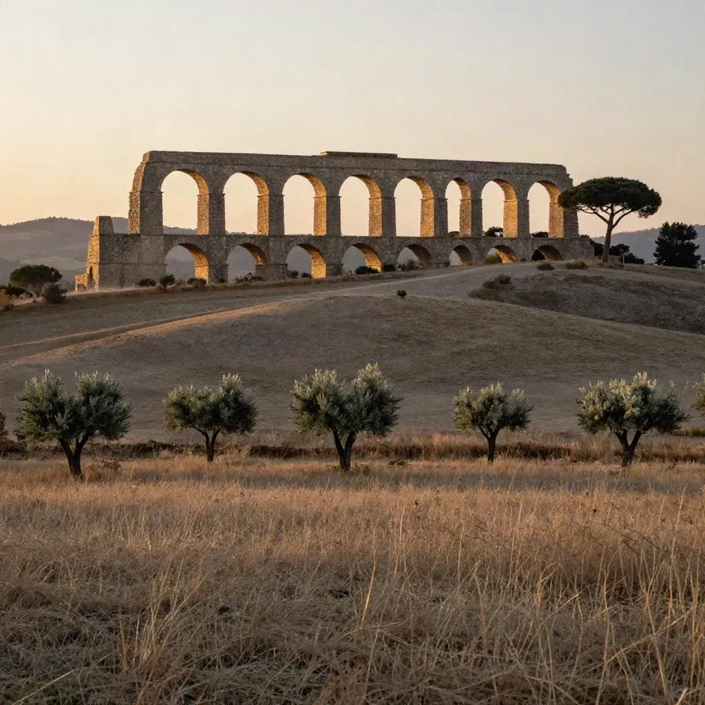 Acquedotto romano e pini a ombrello su prato al tramonto, atmosfera velata.