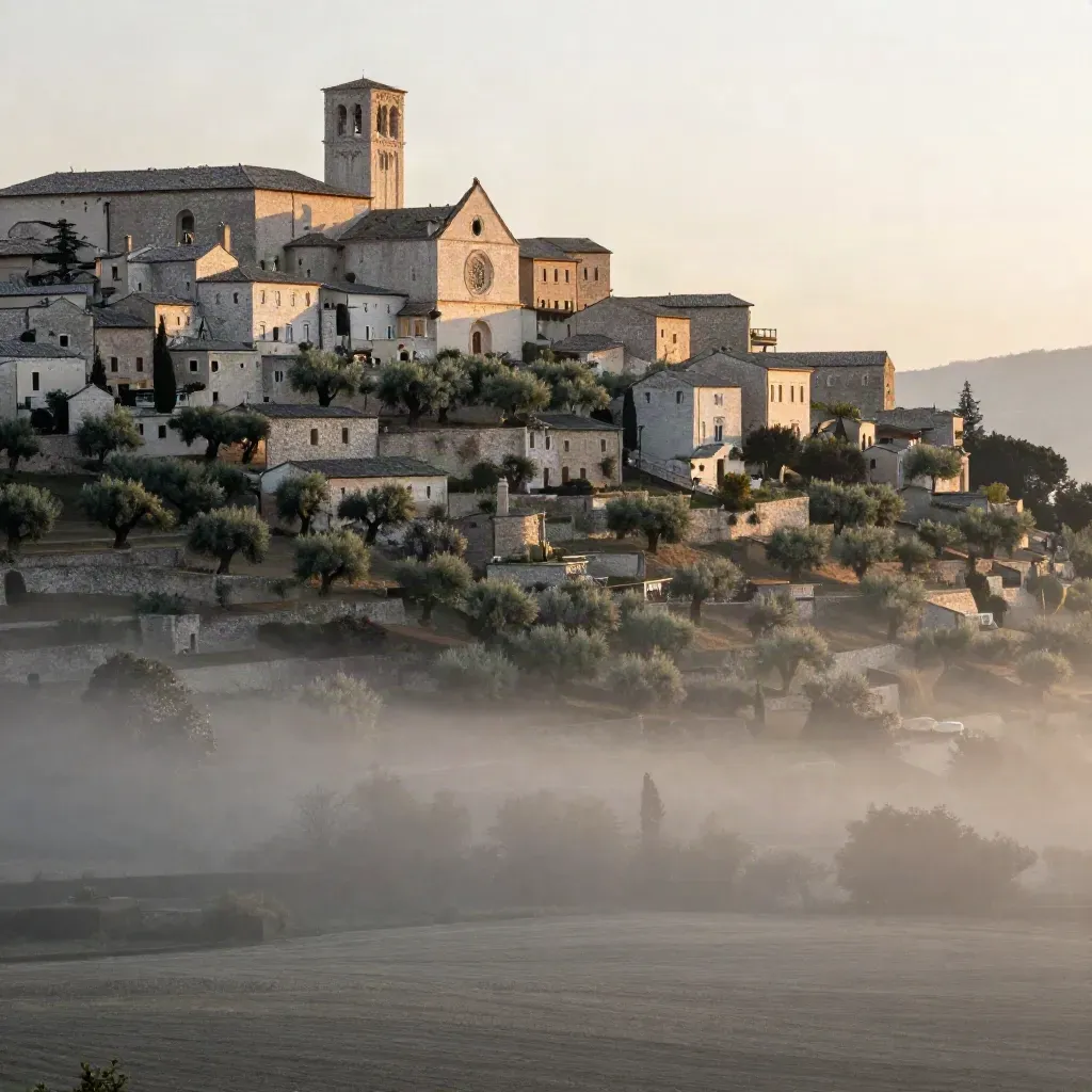 Assisi all’alba tra nebbia lieve, uliveti terrazzati e borgo in pietra in alto.